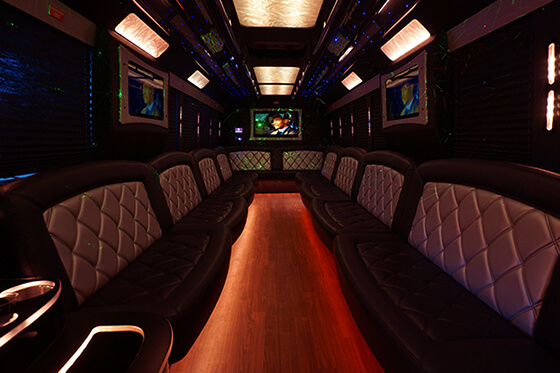 warm mood and wood floors inside our party bus rentals